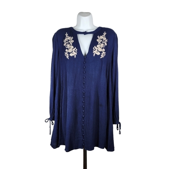 LOST + WANDER EMBROIDERED CRINKLE RAYON MINI DRESS - Picture 1 of 10